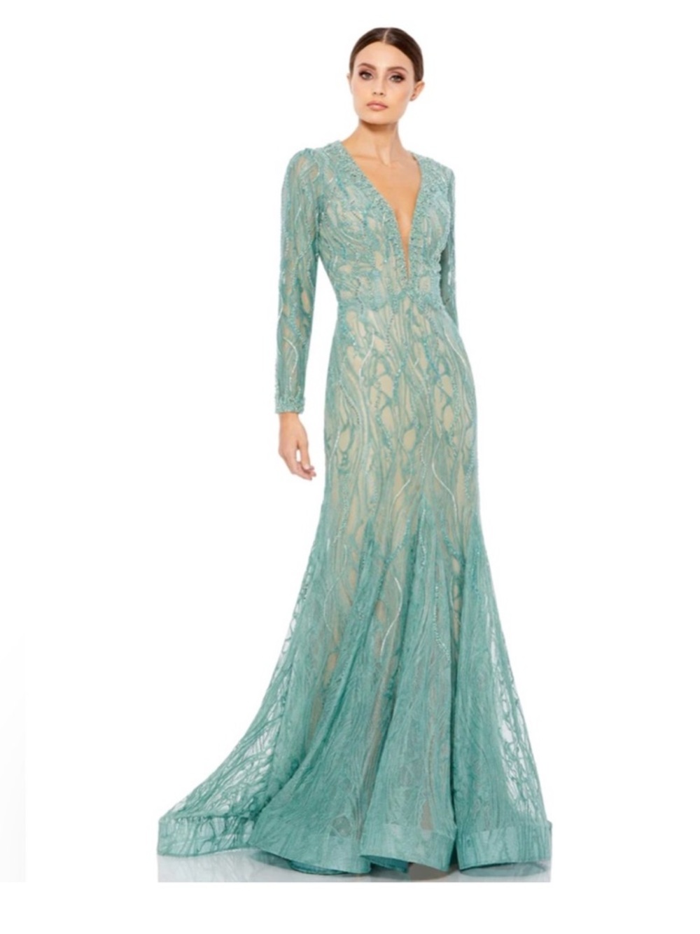 Mac Duggal 79291 Beaded Illusion Long Sleeve Plunge Neck Gown NWT 10 Sage